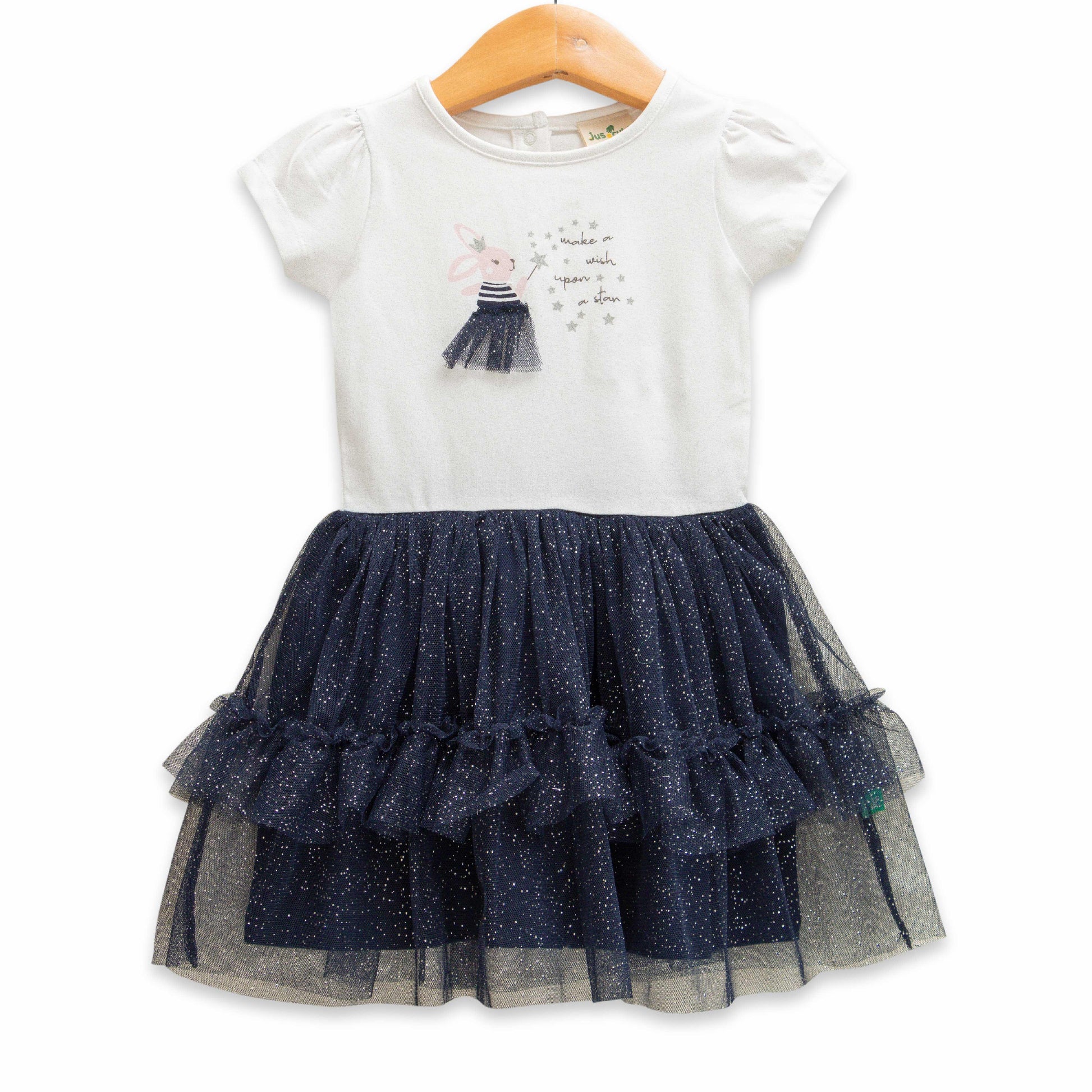 Baby Girls' White & Navy Blue Tulle Dress – Sparkle Layered Skirt, Short Sleeve, Party Wear