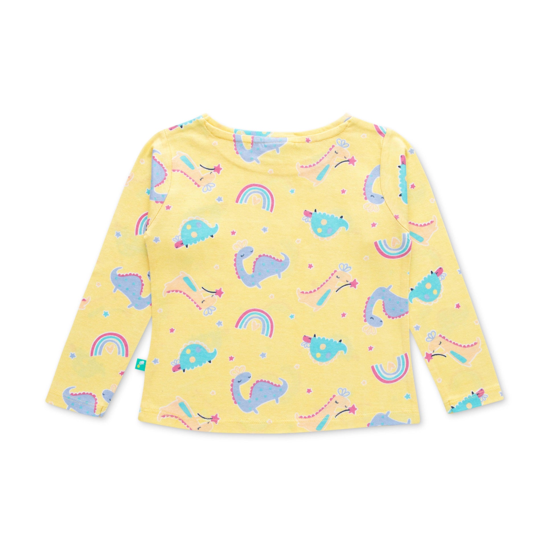 "Girls' Yellow Dinosaur & Rainbow Print Cotton Nightwear Set"