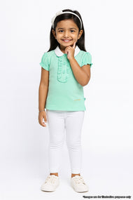 "Girls' Mint Green Polo T-Shirt with Ruffled Button Placket & White Collar"