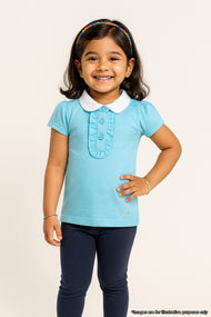 "Girls' Sky Blue Polo T-Shirt with Ruffled Button Placket & White Collar"