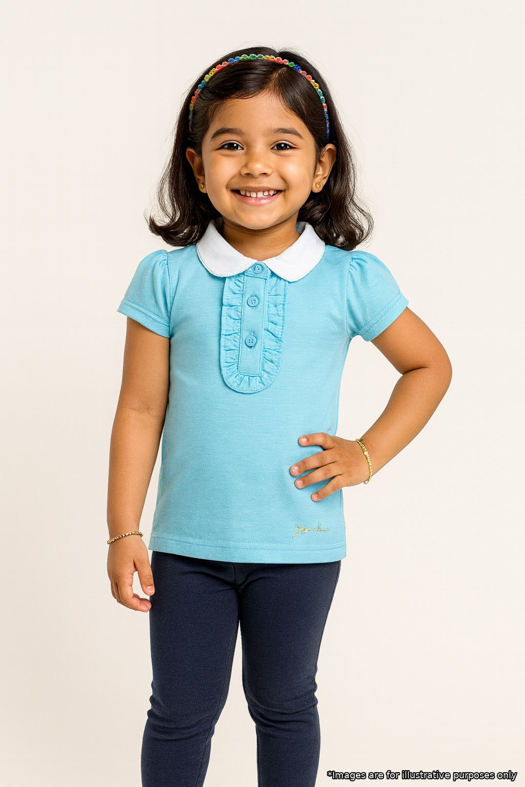 "Girls' Sky Blue Polo T-Shirt with Ruffled Button Placket & White Collar"