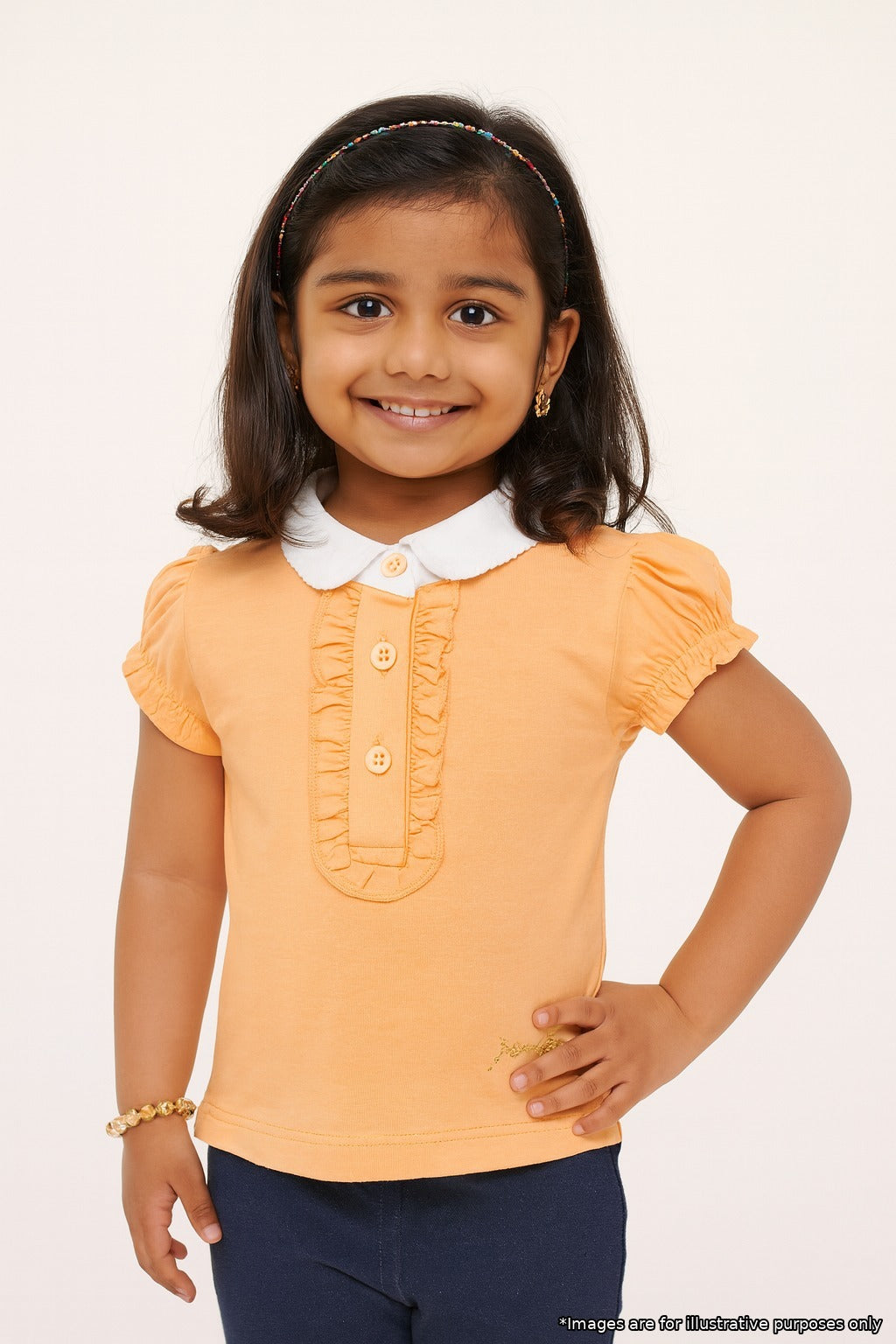 "Girls' Orange Polo T-Shirt with Ruffled Button Placket & White Collar"