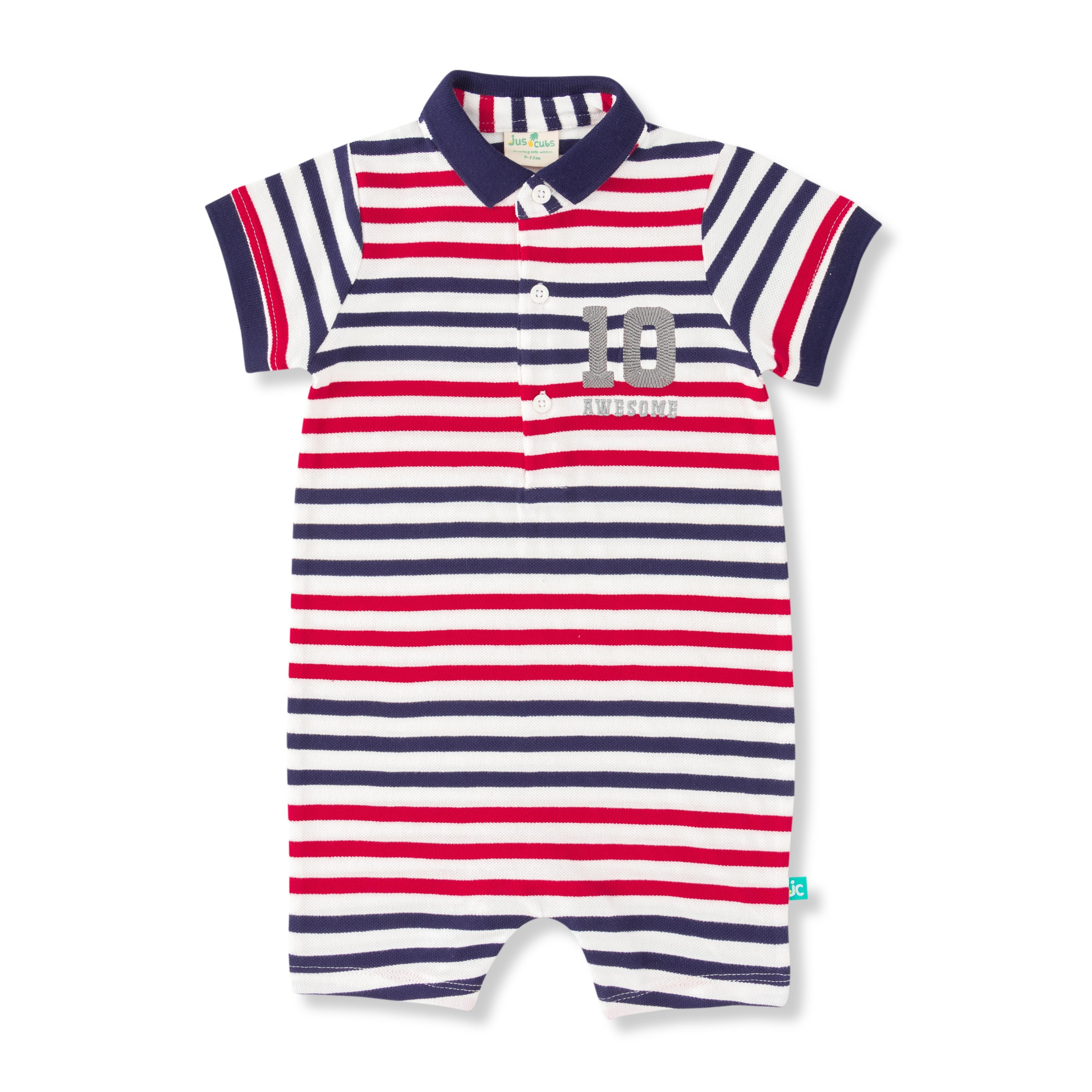 New Born Baby Boy Striped Polo Neck Romper - Juscubs