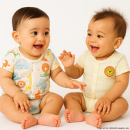 "Baby Boys Jhabla Combo – Pack of 2 | Cream-Yellow Striped & White Multi-Color Animal Print | Soft Cotton Front-Open Tees