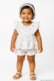 "Baby Girls' White Floral Print Cotton Peplum Top with Ruffle Sleeves"