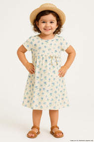 "Baby Girls' Floral Printed Cotton A-Line Dress – Cream with Blue Flowers, Short Sleeves"