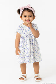 "Baby Girls White Floral Print Cotton Dress with Bow – Short Sleeve"