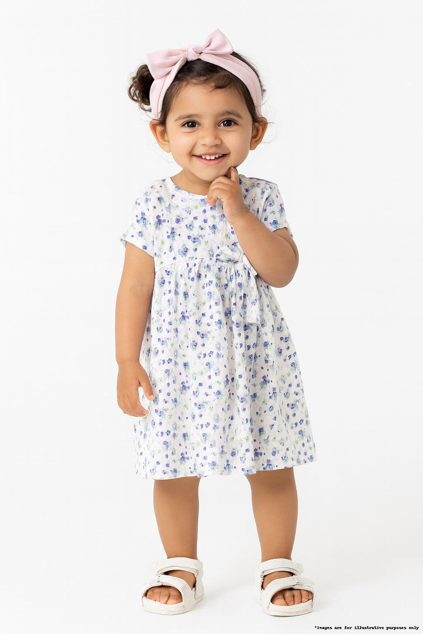 "Baby Girls White Floral Print Cotton Dress with Bow – Short Sleeve"