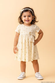 "Baby Girls' Floral Print Cotton Frock with Bow – Off-white"