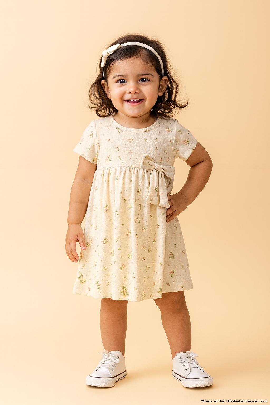 "Baby Girls' Floral Print Cotton Frock with Bow – Off-white"