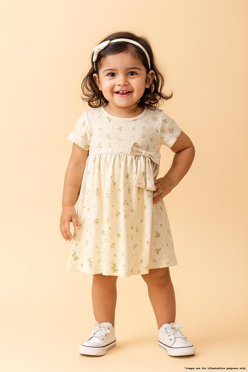 "Baby Girls' Floral Print Cotton Frock with Bow – Off-white"