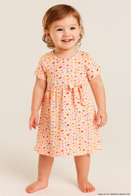 "Baby Girls Pink Printed Cotton Dress with Bow – Colorful Heart Pattern, Short Sleeve"