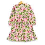 "Girls' Long Sleeve Tropical Print Dress – Pink Flamingo & Jungle Theme Cotton Frock"