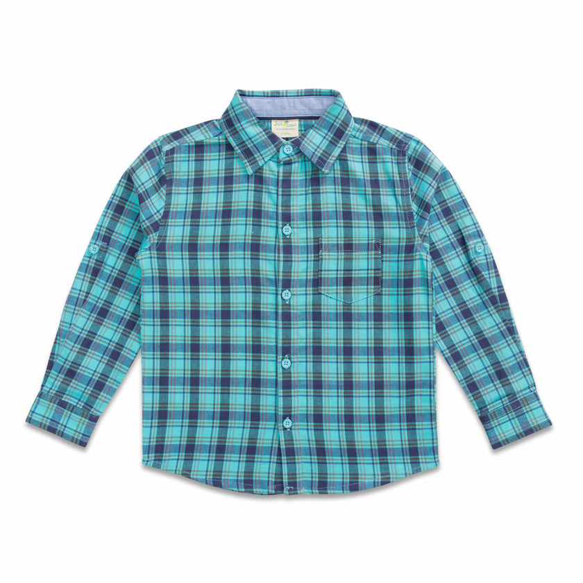 "Boys' Full Sleeve Checked Cotton Shirt – Teal & Navy Blue Plaid with Front Pocket"