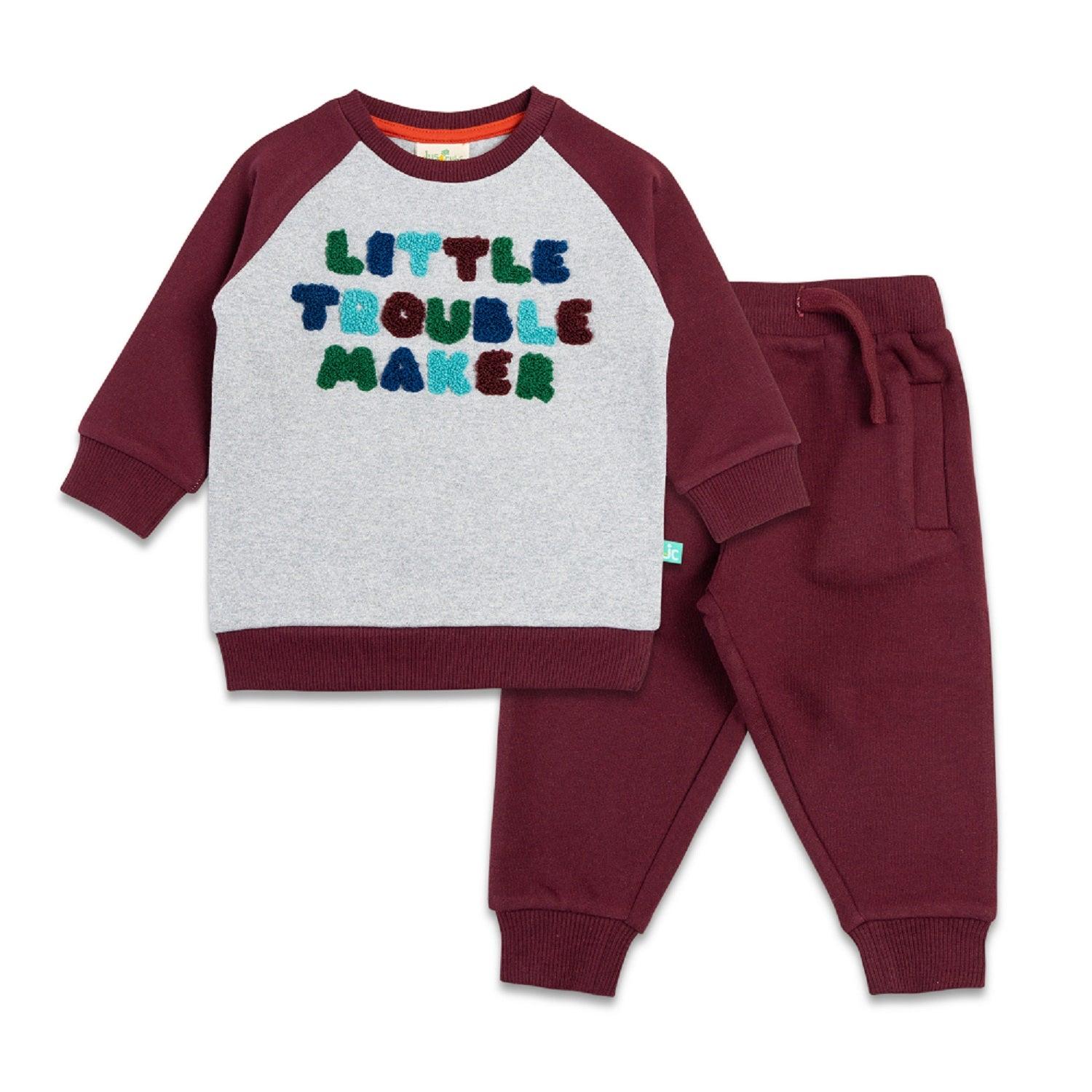 Young Boys Full Sleeve Little Trouble Maker Embroidery Sweatshirt With Jogger Pant - Juscubs