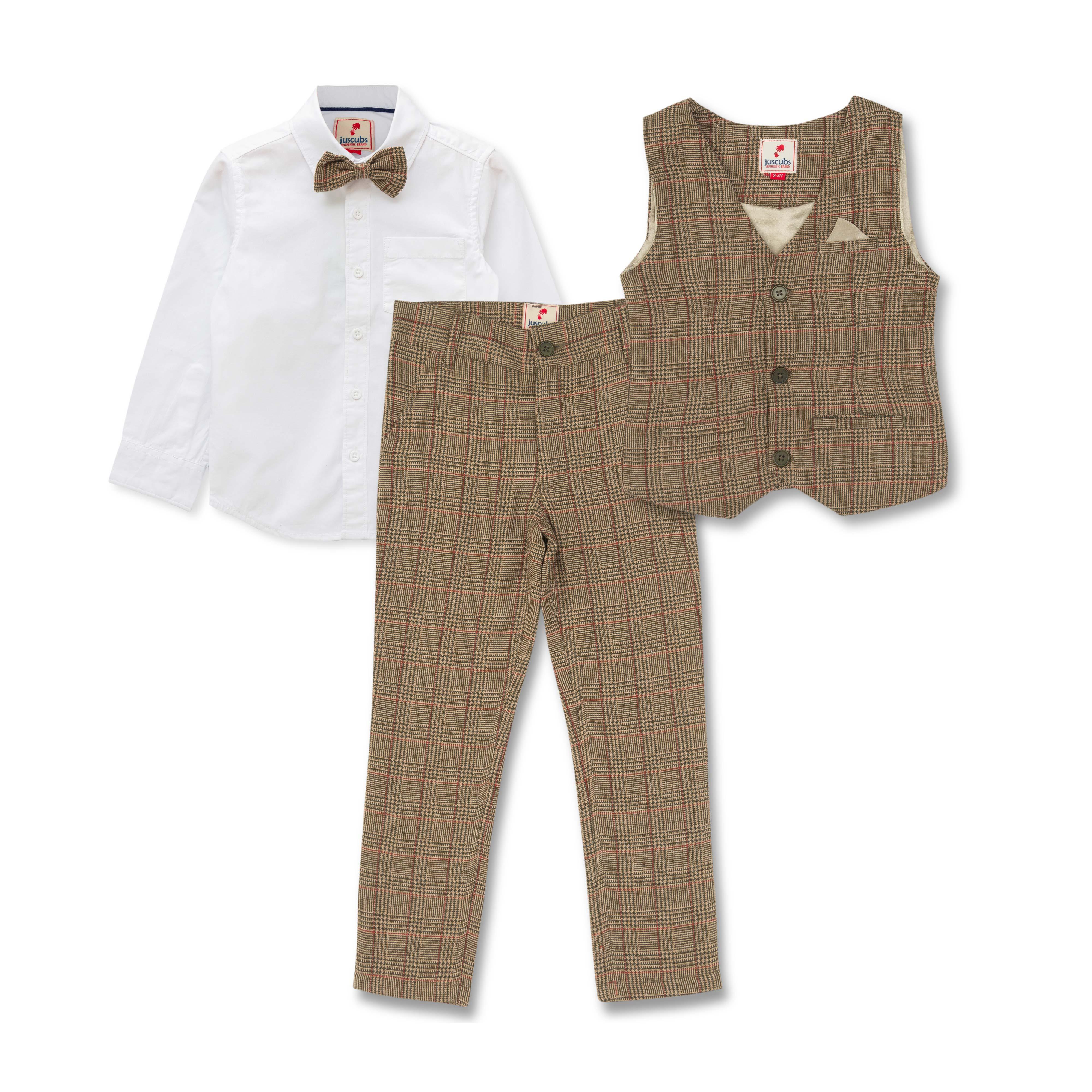 YOUNG BOYS FULL SLEEVES CHECKED COAT SUIT SET - BROWN - Juscubs