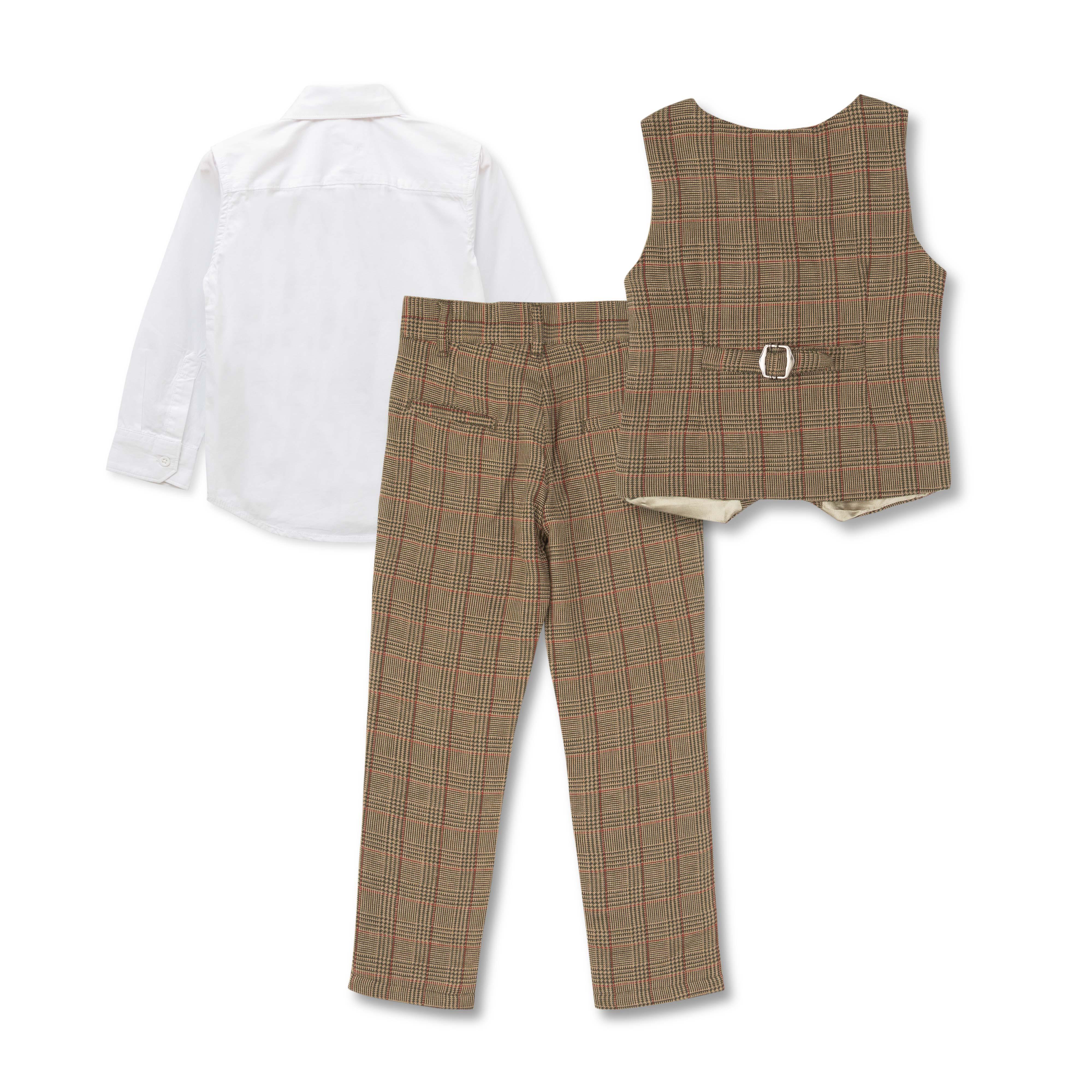 YOUNG BOYS FULL SLEEVES CHECKED COAT SUIT SET - BROWN - Juscubs