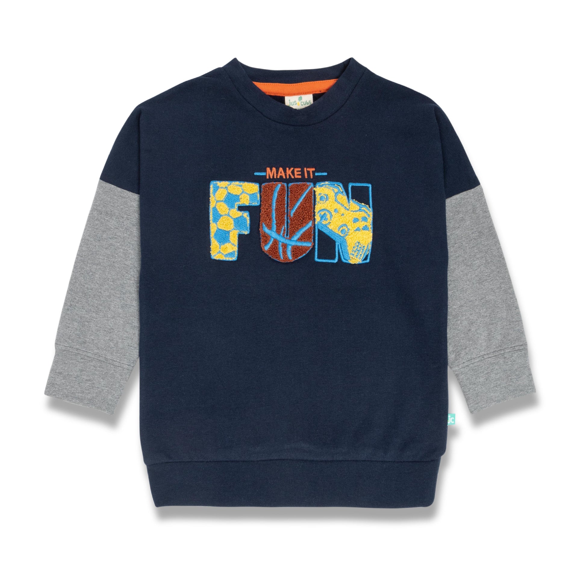"Boys' Colorblock Sweatshirt – 'Make It Fun' Textured Graphic, Crew Neck, Long Sleeves"