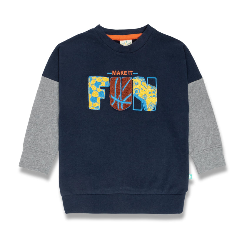 "Boys' Colorblock Sweatshirt – 'Make It Fun' Textured Graphic, Crew Neck, Long Sleeves"