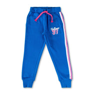 "Girls' Blue Jogger Pants – 'Challenge 97' Print – Side Stripes & Drawstring Waist"