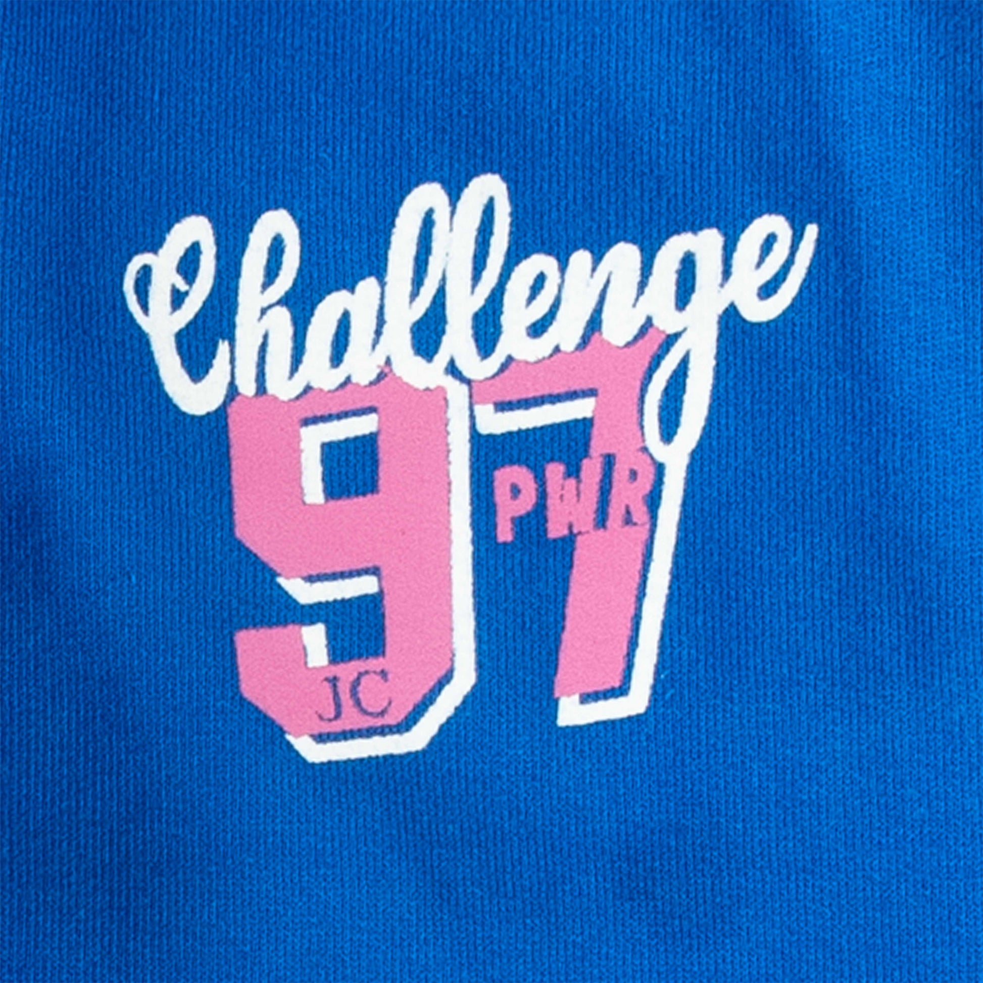 "Girls' Blue Jogger Pants – 'Challenge 97' Print – Side Stripes & Drawstring Waist"