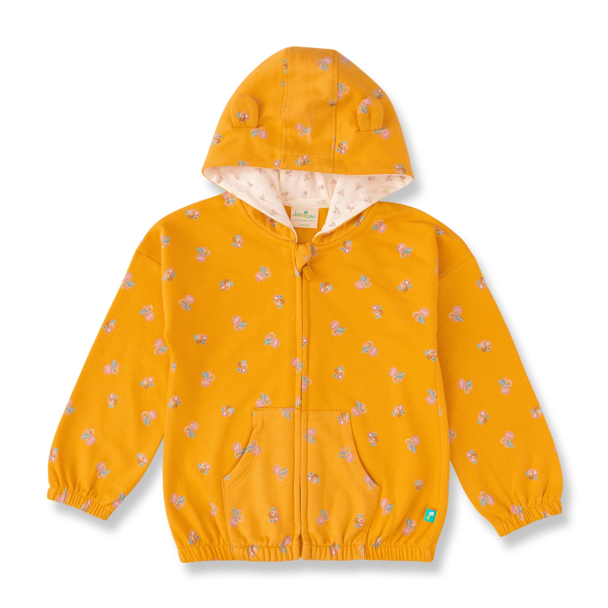 "Girls' Mustard Yellow Hooded Zip-Up Jacket – Floral Print with Bear Ear Detail"