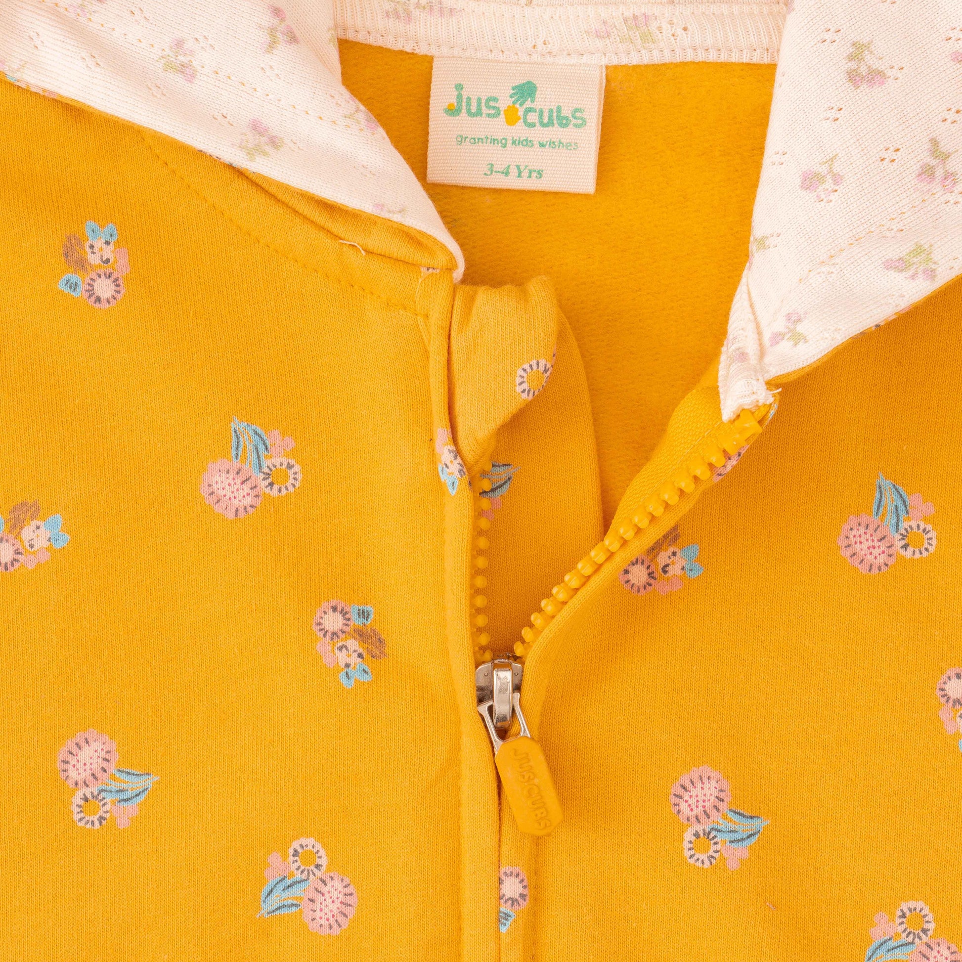 "Girls' Mustard Yellow Hooded Zip-Up Jacket – Floral Print with Bear Ear Detail"