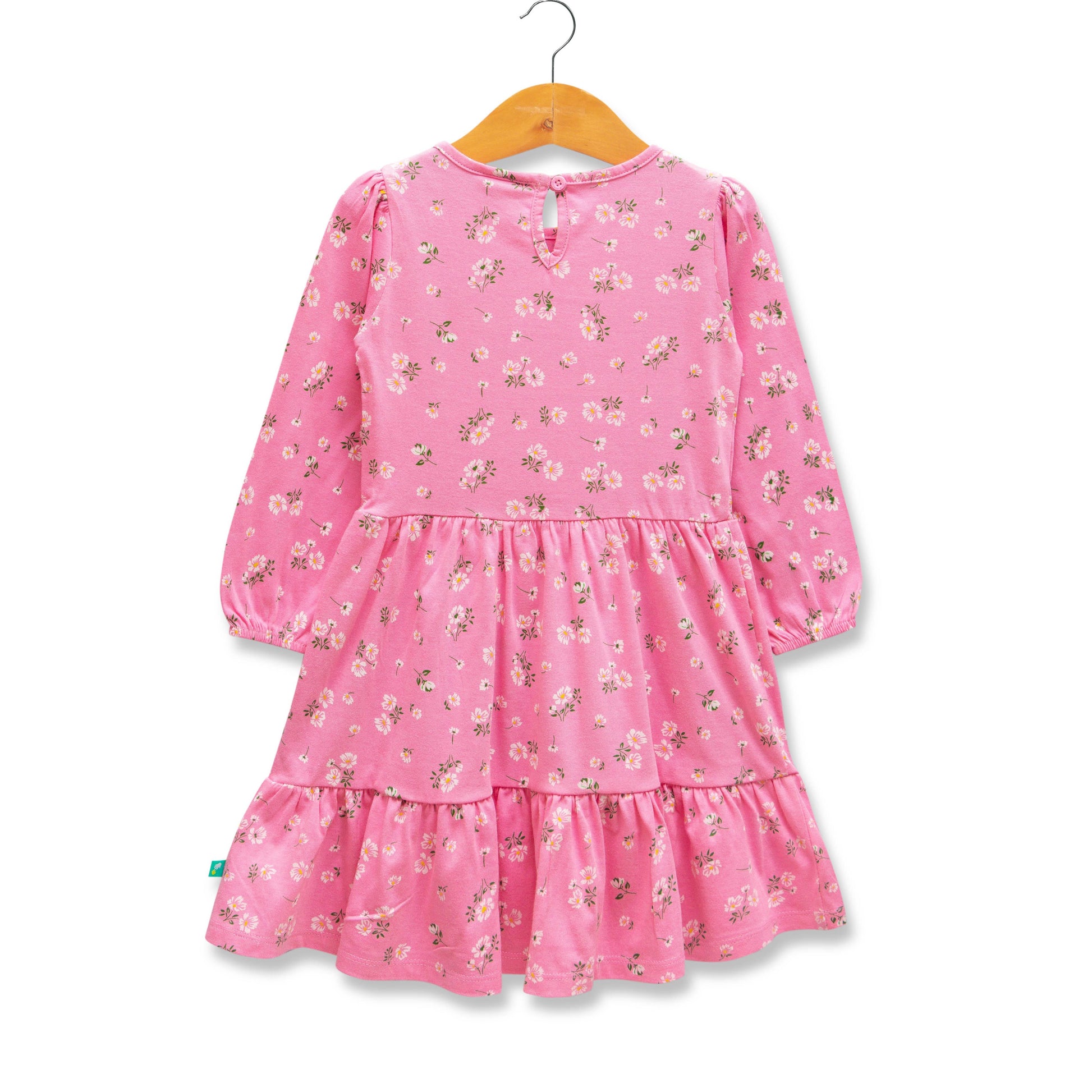 "Girls' Long Sleeve Pink Floral Print Cotton Dress with Ruffle Hem"