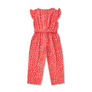 "Girls' Sleeveless Red Printed Jumpsuit with Ruffle Sleeves & Front Tie-Up"