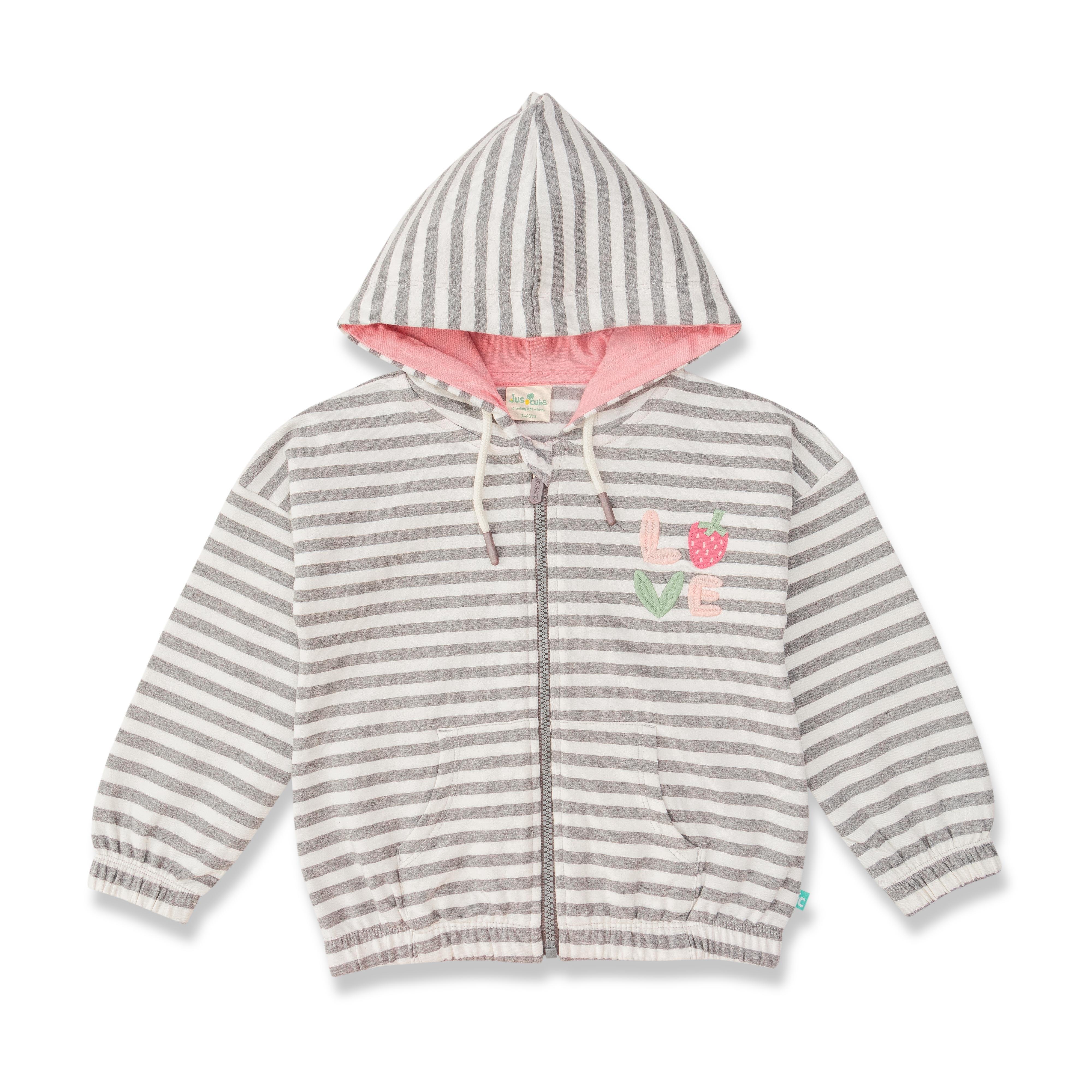 Young Girls Striped & Love Embroidery Hoodie - Juscubs
