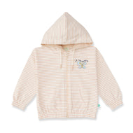 "Girls' Striped Zip-Up Hoodie – Beige with Butterfly Embroidery & Front Pockets"
