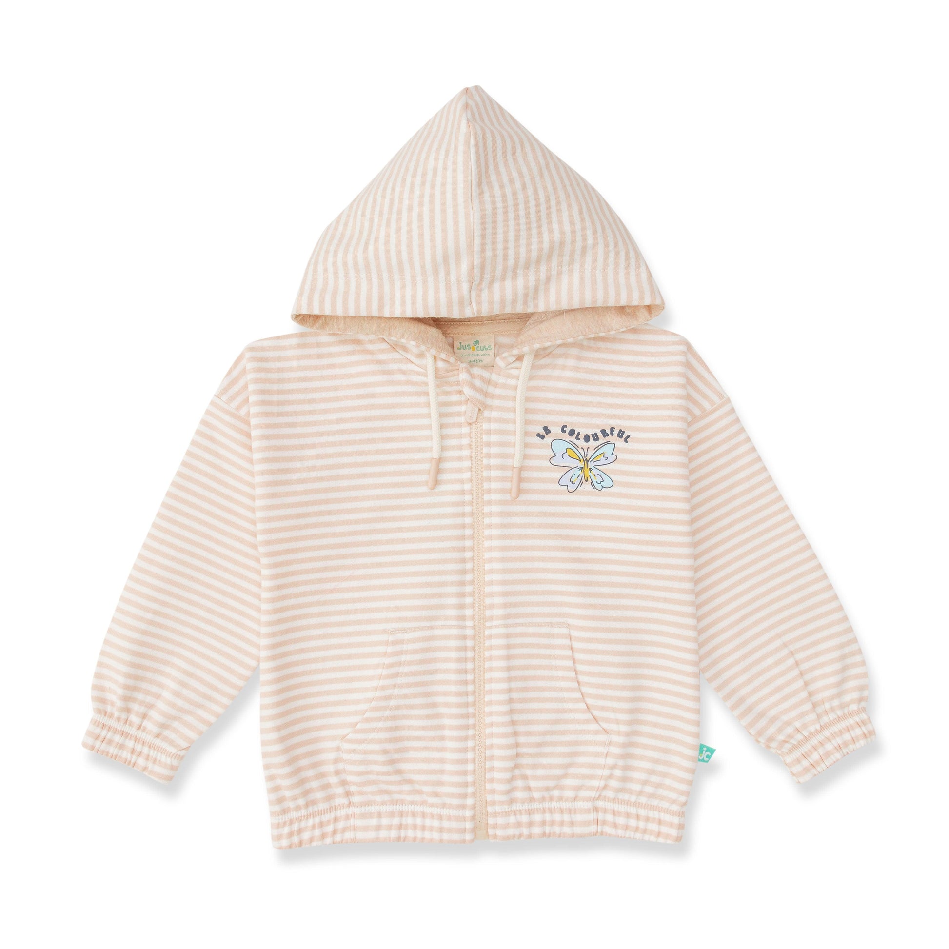 "Girls' Striped Zip-Up Hoodie – Beige with Butterfly Embroidery & Front Pockets"