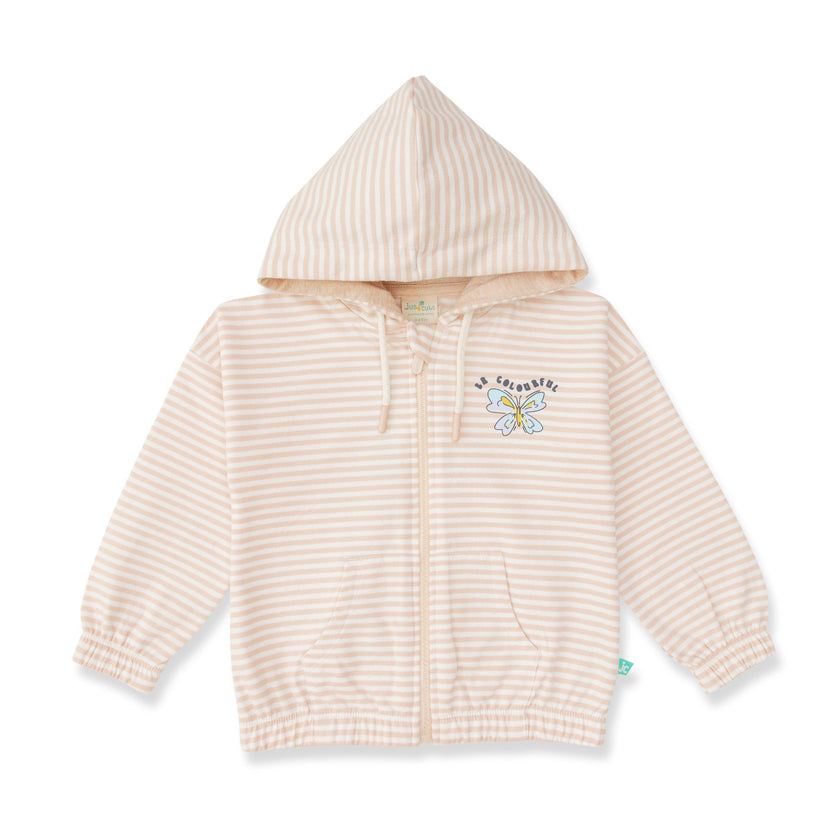"Girls' Striped Zip-Up Hoodie – Beige with Butterfly Embroidery & Front Pockets"