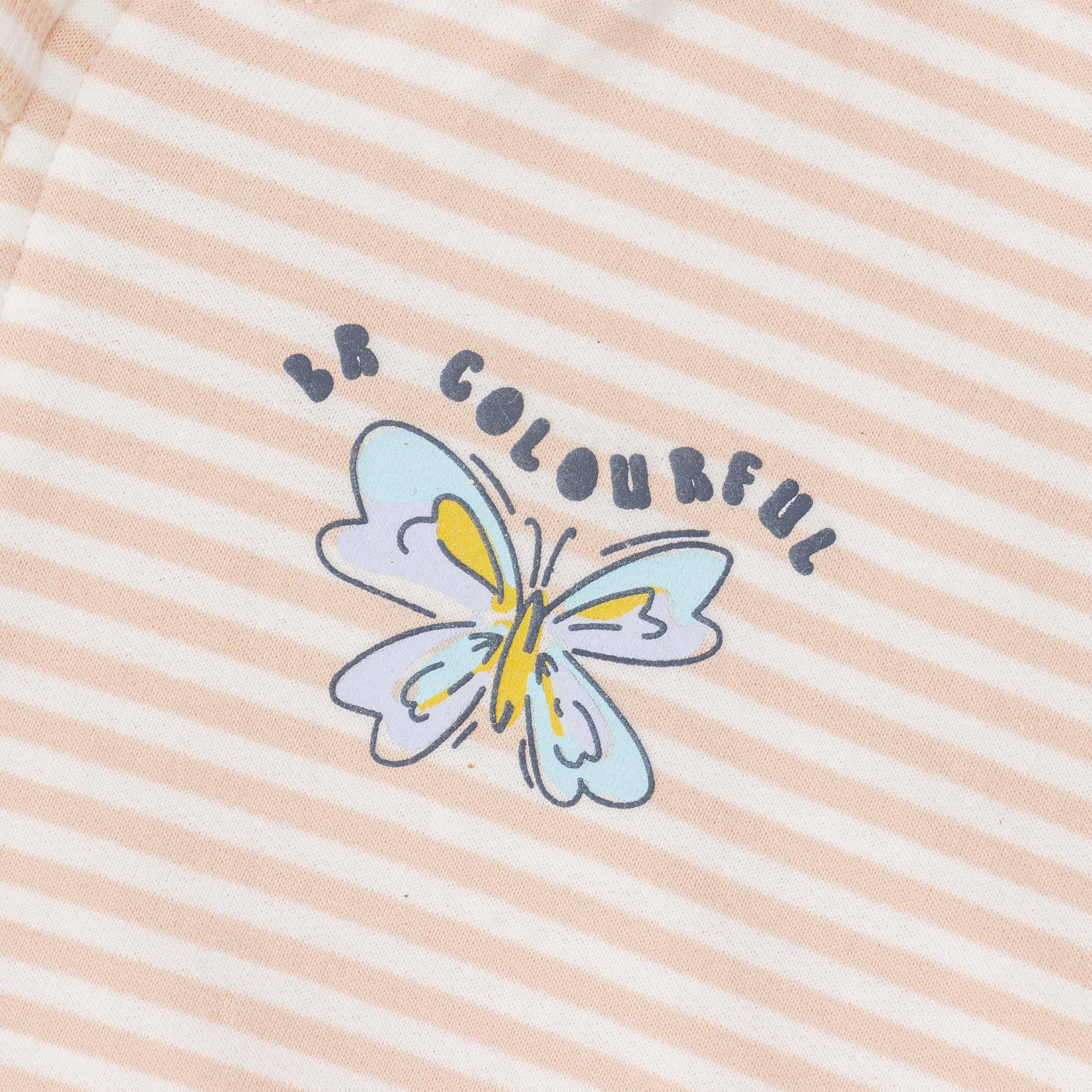 "Girls' Striped Zip-Up Hoodie – Beige with Butterfly Embroidery & Front Pockets"