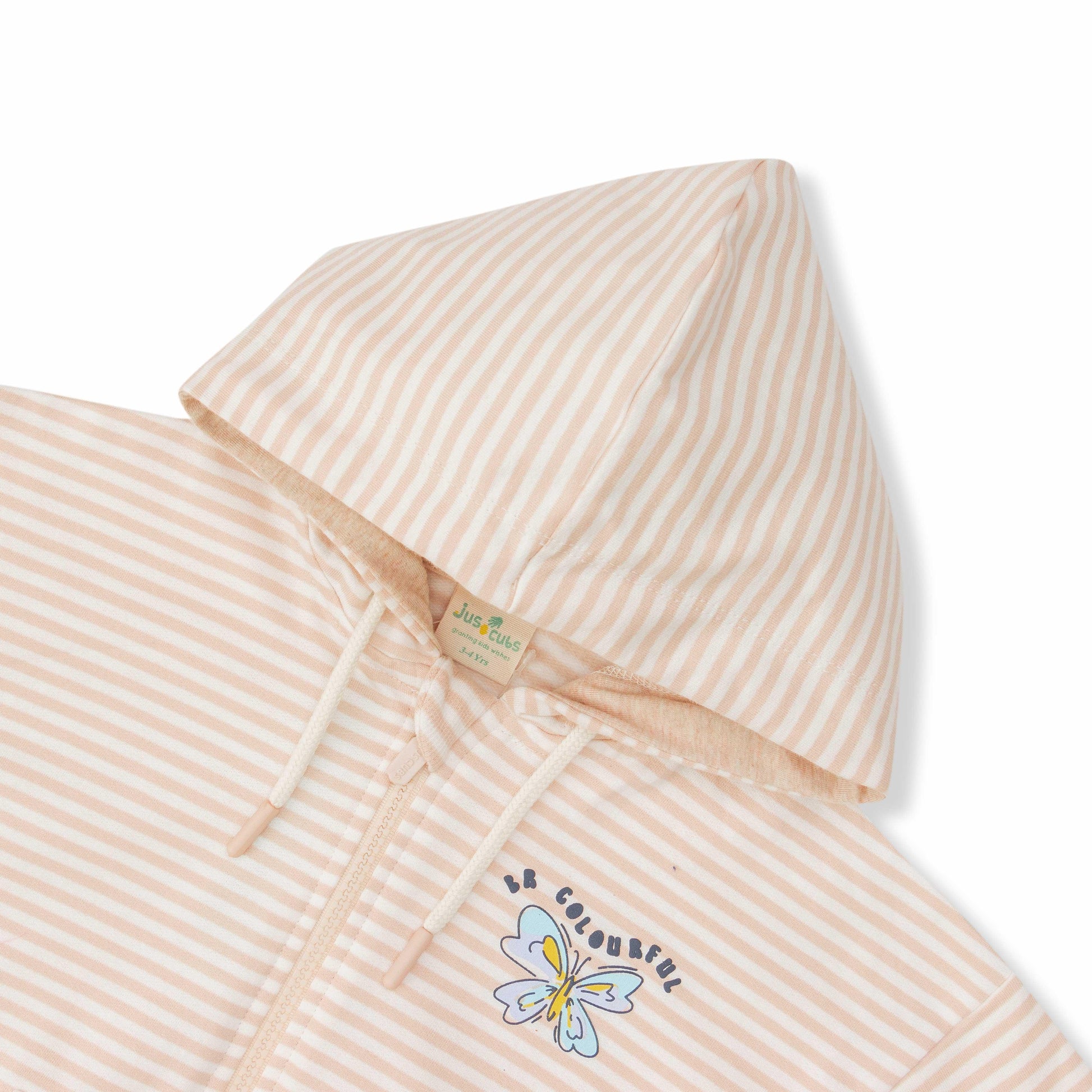 "Girls' Striped Zip-Up Hoodie – Beige with Butterfly Embroidery & Front Pockets"