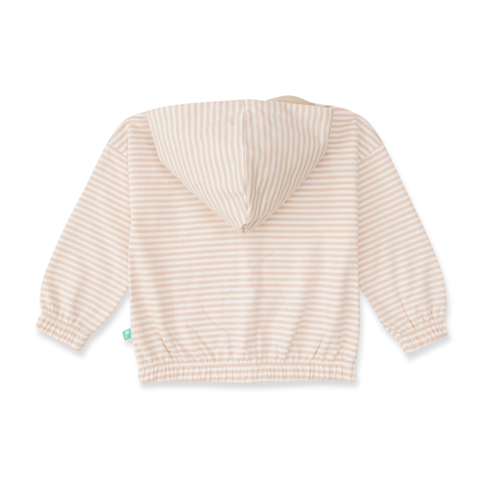 "Girls' Striped Zip-Up Hoodie – Beige with Butterfly Embroidery & Front Pockets"