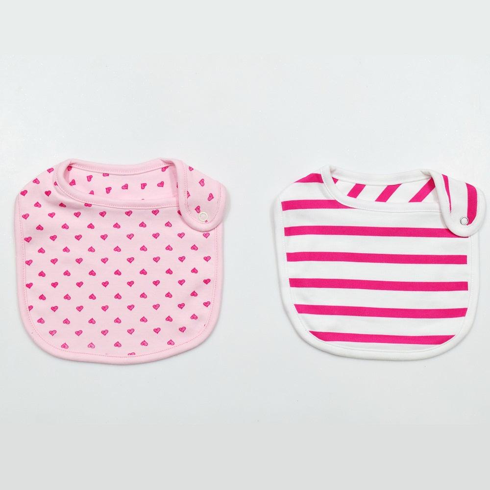 Cotton Bibs Little Heart AOP & Stripe Print Set of 2 - Pink - Juscubs