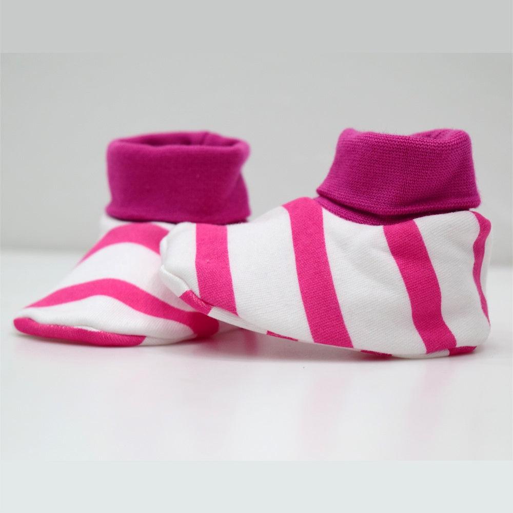 Cotton Bootees (Baby Shoe) White & Fuchsia Stripe - Juscubs